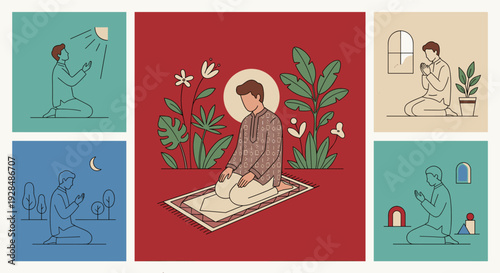 Muslim man praying on a rug set, islamic religious character worshiping, ramadan and spiritual illustration collection on transparent background
