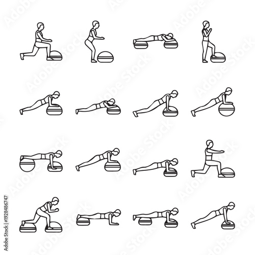 Fitness Exercise Routine Icons with Stability Ball and Step Platform Vector Line Art