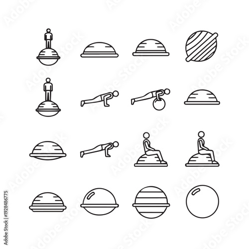 Fitness Icons: People Exercising with Stability Balls and Balance Pods Line Art Style