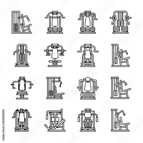 Fitness Machine Icons Collection: Weight Training Equipment Line Art Set