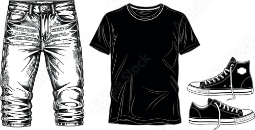 Black and white casual clothing illustration, jeans, t‑shirt, sneakers, fashion outfit vector, minimal style, everyday wear, apparel design, footwear