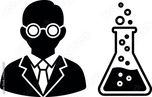 Black and white scientist icon, laboratory flask experiment, researcher with glasses, science professional illustration, chemistry research symbol, minimal vector art