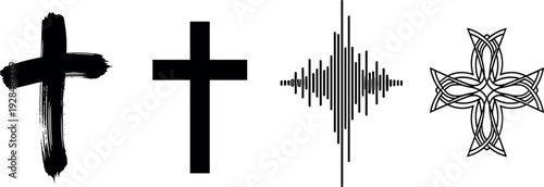 Brushstroke artistic cross, solid black Christian cross, soundwave abstract cross, ornate Celtic knot cross, religious faith symbol, minimal vector illustration