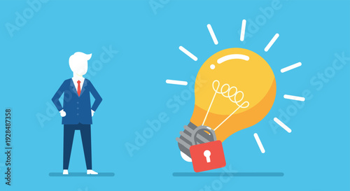 Businessman with glowing light bulb, protected idea concept, innovation security illustration, intellectual property vector, creative business inspiration, corporate success design