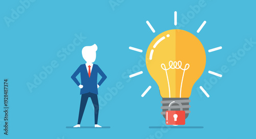 Businessman with glowing light bulb, protected idea concept, intellectual property illustration, innovation security vector, creative business inspiration, corporate success design