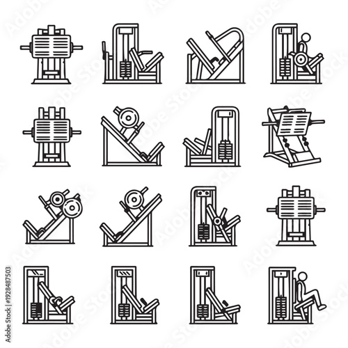 Fitness Machine Icons SetLeg Press Hack Squat Calf Raise Weight Machine