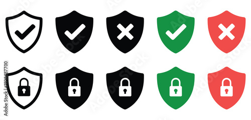 Security shield icons set, shield with check mark, padlock, lock and unlock symbols, protect shield icon collection, editable stroke vector illustration, flat and line style, modern cybersecurity and 