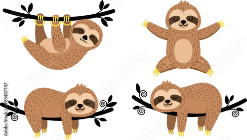 Cartoon sloth illustrations, cute sloth art, funny sloth poses, relaxing sloth drawing, whimsical sloth characters, adorable sloth clipart, playful design