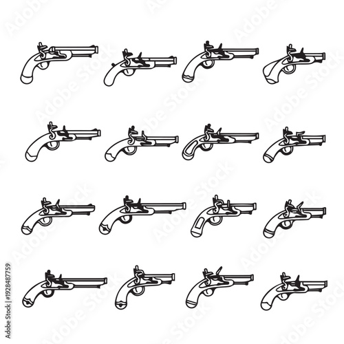 Flintlock Pistol Collection Vector Icons Antique Firearm Line Art Historical Weapon Graphics