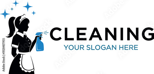 Cleaning service logo, maid silhouette, spray bottle design, sparkling clean concept, professional housekeeping brand, janitorial business identity, hygiene company illustration