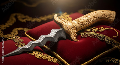 Traditional Ornamental Keris Dagger on Red Velvet Royal Cushion
