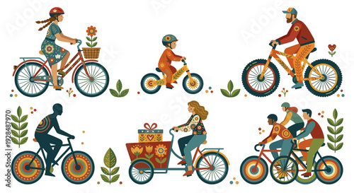 Set of diverse people on bicycles with folk patterns, scandinavian style family cycling collection, colorful decorative bike illustrations on transparent background