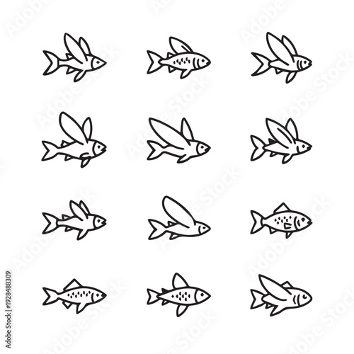 Flying Fish Collection Diverse Poses Simple Line Art Illustration