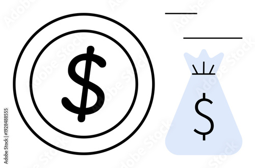Dollar coin and money bag indicating financial concepts thumbs up savings, earnings, profitability, and investments. Ideal for marketing, banking, budgeting, startups, growth fintech and education
