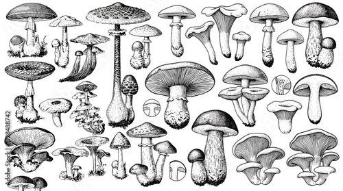 Vintage mushroom engraving set, botanical forest fungi sketches, collection of edible and poisonous mushrooms vector illustration on transparent background