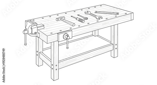 Detailed Line Drawing of Workbench with Tools.