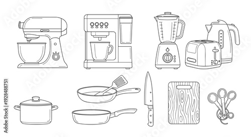 Kitchen Appliances and Cooking Utensils Illustration.