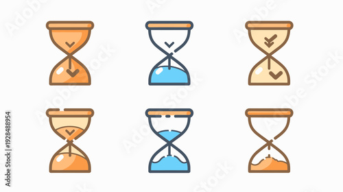 Six stylized hourglass illustrations, in various colors, representing the concept of time and duration