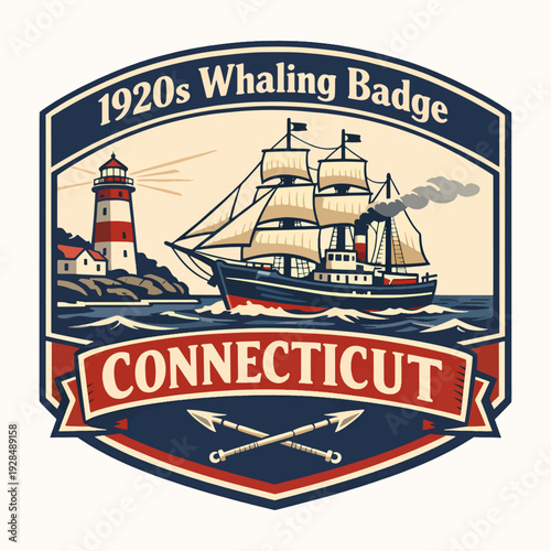 Vintage 1920s Whaling Badge Connecticut logo showing sailing vessel and lighthouse, reflecting maritime courage, exploration, and the nostalgic charm of New England’s coastal legacy