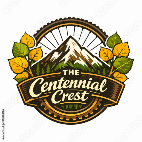 Elegant The Centennial Crest featuring golden mountains and maple leaves, symbolizing heritage, pride, nature, and timeless beauty celebrating a century of growth and achievement
