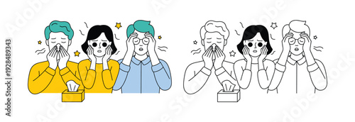 Sick People Blowing Noses and Holding Heads illness