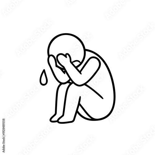 Line drawing of a person sitting and crying with head in hands  