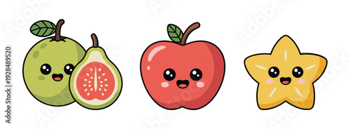 Kawaii fruits with happy faces on white background