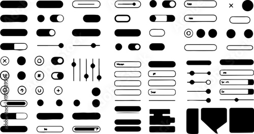 User interface switch and slider icon collection. Includes toggle switches, on/off buttons, volume sliders, progress bars, and settings controls. Created in flat black and white outline and