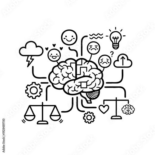 Conceptual illustration of brain with emotions and symbols  