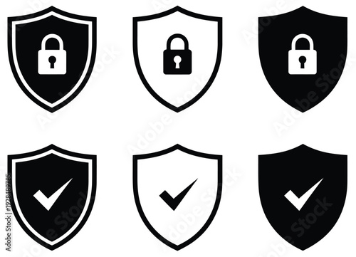 Lock and security shield icon collection, protection and access control symbols, shield sign and privacy safety icons, editable vector graphics, flat and stroke style