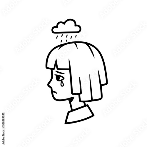 Depressed young girl with tears and rain cloud above her head  