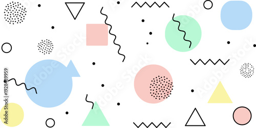 Abstract geometric pattern with pastel pink, blue, yellow, and mint green circles, squares, and triangles, black dots, wavy lines, and outlined shapes on a white background