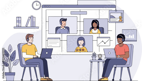 Two people sitting at desks with laptops, participating in a large online video conference call with multiple participants displayed on a large screen