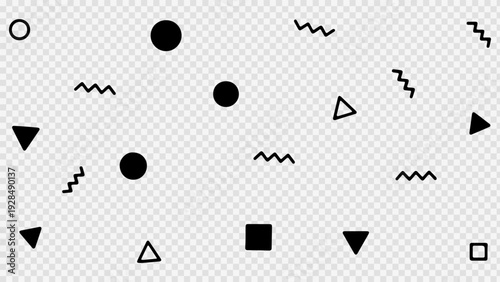 Scattered black and white geometric shapes including solid and outline circles, triangles, squares, and wavy lines on a transparent background