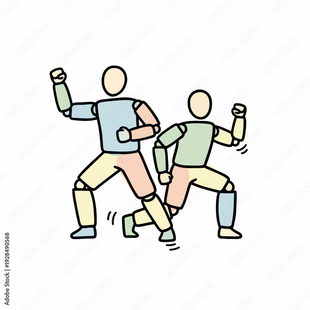 Fototapeta premium Two active figures performing a high-intensity workout in colorful attire 