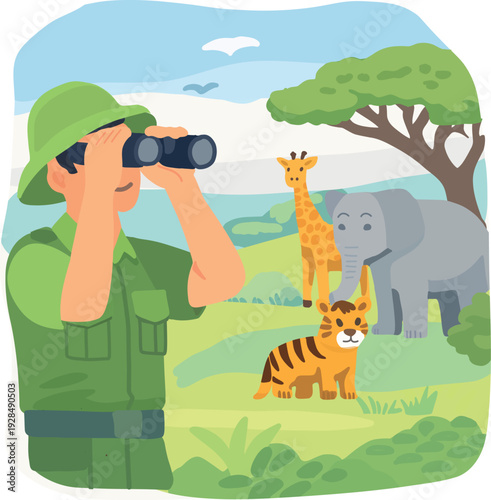 A cartoon safari ranger looks through binoculars while observing a giraffe, elephant, and tiger in a colorful savanna landscape.