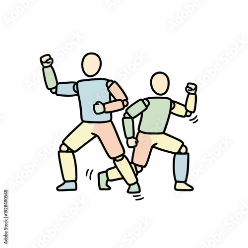 Two active figures performing a high-intensity workout in colorful attire  