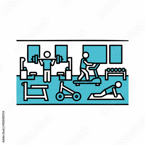 People exercising in gym with fitness equipment and bright colors  