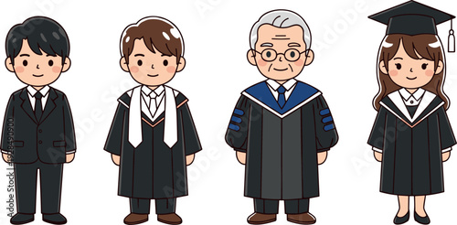 Graduation cartoon character set, university students and professor in academic gowns, cute college graduates illustration isolated on white background