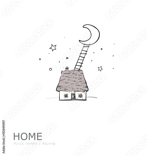 Whimsical cottage at night with a ladder reaching up to the crescent moon. Dreamy doodle vector illustration