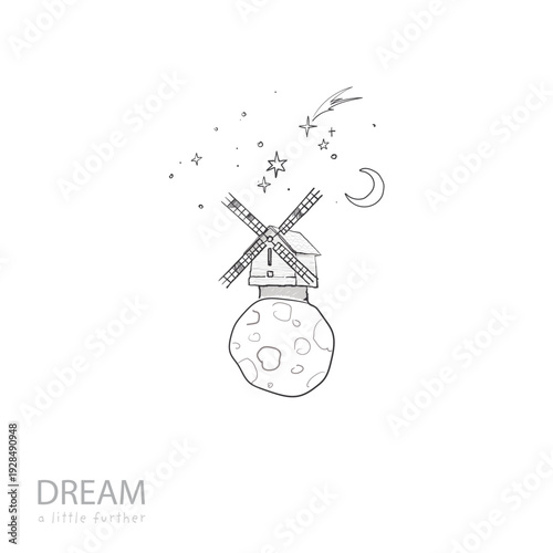 Whimsical windmill on tiny planet with stars, moon, shooting star. Hand-drawn doodle vector for inspirational designs