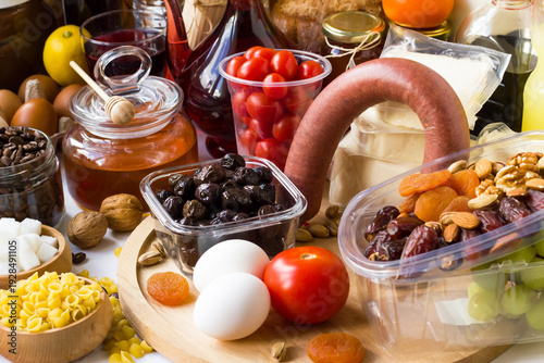 Diverse grocery shopping, a wide range of food items.Colorful and close up