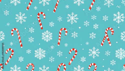 Festive Christmas Pattern with Candy Canes and Snowflakes on Blue Background.