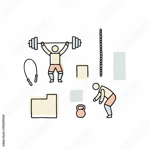 Man lifting barbell and another exercising with kettlebell in gym  