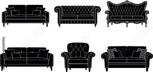 Silhouettes of sofas and armchairs, modern and classic furniture designs, interior seating inspiration, home decor illustration, stylish living room vector art