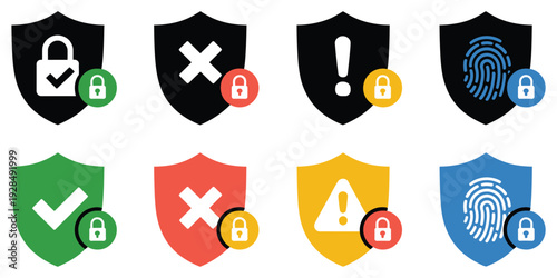 Security shield icon set with lock badges, check mark, cross mark, warning symbol, and fingerprint protection icons, privacy and access security concept, editable vector