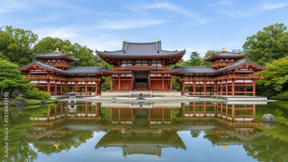 Fototapeta premium A serene Japanese temple reflected in a peaceful pond surrounded by lush greenery