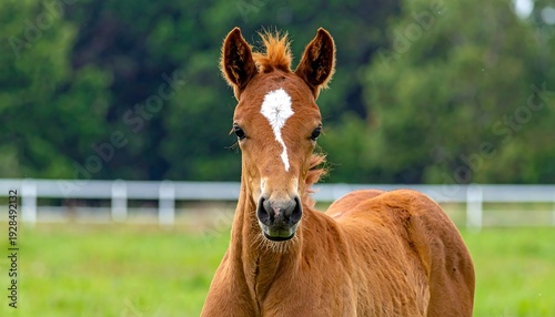 Close-up of a Curious Foal in a Green Pasture.