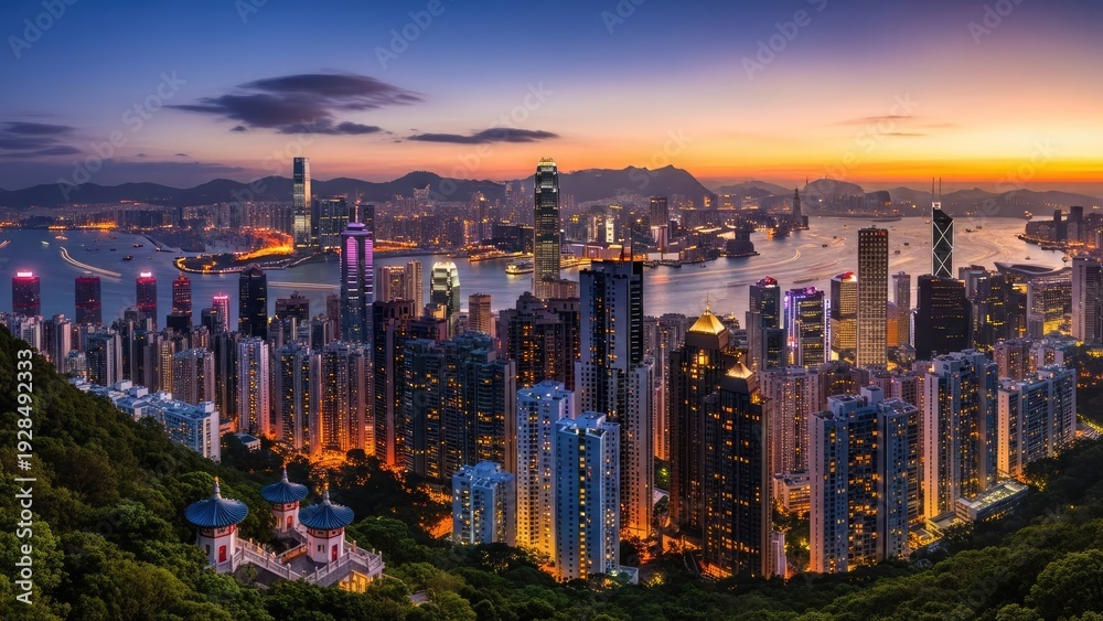 Obraz premium A stunning cityscape at dusk with skyscrapers and a serene waterfront