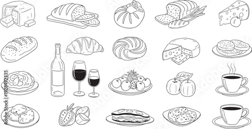 A set of 20 black and white food and drink icons isolated on transparent background